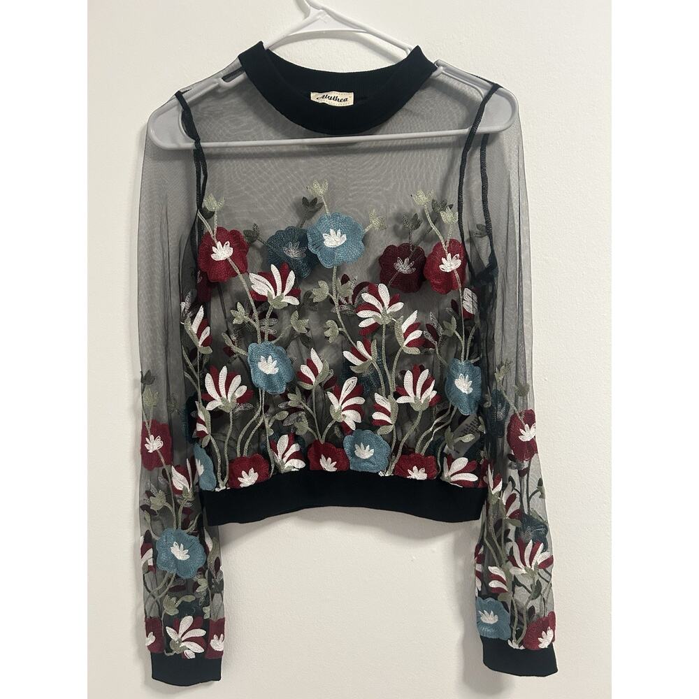 Alythea Sheer Mesh Floral Embroidered Top Long Sleeve Boho Y2K Festival Size S